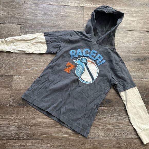 Gymboree Boys Size 7 Motorcycle Racer Hooded Long Sleeve Top Grey & Ivory EUC - Picture 1 of 4
